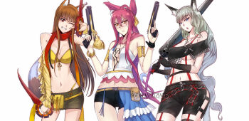 3girls animal_ears belt_pouch black_gloves blazblue blue_eyes blue_hair breasts brown_hair cat_ears cat_girl cat_tail cleavage commission copyright_request cosplay final_fantasy final_fantasy_x final_fantasy_x-2 frown glasses gloves gradient_hair green_hair gun highres holding holding_gun holding_weapon holo kokonoe_(blazblue) long_hair looking_at_viewer medium_breasts miniskirt multicolored_hair multiple_girls navel one_eye_closed open_mouth orange_eyes paine_(ff10) paine_(ff10)_(cosplay) panty_straps parted_lips pink_hair pouch red_eyes rikku_(ff10) rikku_(ff10)_(cosplay) short_shorts shorts skirt smile spice_and_wolf sword swordwaltz tail teeth thighs two-tone_hair v weapon white_background wolf_ears wolf_girl wolf_tail yuna_(ff10) yuna_(ff10)_(cosplay) yuzuruha
