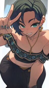 1girl barbell_piercing belt black_pants brown_belt collarbone cross cross_earrings cross_necklace ear_piercing earrings flat_chest floral_print_shirt green_eyes green_hair green_nails grin hata4564 highres industrial_piercing jewelry latin_cross leaning_forward looking_at_viewer midriff nail_polish necklace off-shoulder_shirt off_shoulder original pants parted_bangs piercing shirt short_hair side_part smile solo v