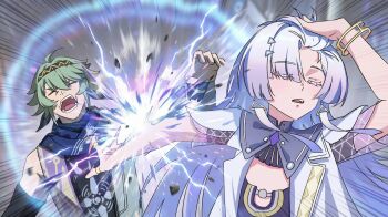 1boy 1girl bare_shoulders blue_scarf closed_eyes colored_eyelashes commentary earrings electricity fanfanfanlove green_hair grey_hair hashtag-only_commentary highres jacket jewelry long_hair meme mornye_(wuthering_waves) naoya_hitting_choso_without_looking_(meme) open_mouth scarf short_hair triangle_earrings white_jacket wuthering_waves yngvar_(wuthering_waves)