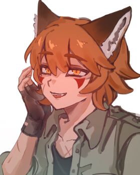 1boy :d animal_ears black_gloves black_shirt boyfriend_to_death commentary english_commentary facial_mark fangs fingerless_gloves fox_boy fox_ears fox_tail furry furry_male gloves green_jacket grin highres jacket looking_at_viewer male_focus mwwsqqqq999 open_mouth orange_eyes orange_hair popped_collar ren_hana_(boyfriend_to_death) scar scar_on_arm scar_on_chest scar_on_face shirt short_hair smile solo tail