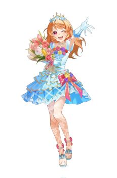 Rule 34 | 1girl, ;d, aikatsu!, aikatsu! (series), arm up, blue dress, bouquet, bow, dress, flower, full body, gloves, harbet, highres, holding, holding bouquet, idol clothes, jewelry, long hair, looking at viewer, necklace, one eye closed, open mouth, orange flower, orange hair, orange rose, ozora akari, pantyhose, pink bow, pink flower, purple flower, purple rose, red eyes, red flower, red rose, rose, sandals, simple background, smile, solo, standing, tiara, tulip, white background, white flower, white gloves, white pantyhose, yellow flower, yellow rose