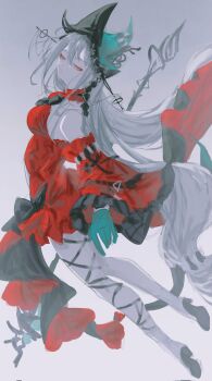 1girl absurdly_long_hair arknights dress floating full_body gloves gradient_background green_gloves hat highres long_hair nate71762013 red_dress simple_background skadi_(arknights) skadi_the_corrupting_heart_(arknights) solo very_long_hair white_hair