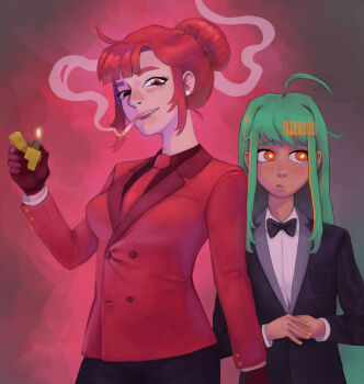 Rule 34 | 2girls, absurdres, ahoge, android, black bow, black bowtie, black eyes, black suit, bow, bowtie, brown gloves, commentary, english commentary, evangeline morgan, formal clothes, gloves, green hair, hair bun, heterochromia, highres, holding, holding lighter, lighter, long hair, looking at viewer, morgan-fan1, mouth hold, multiple girls, necktie, of the devil, orange eyes, red eyes, red hair, red necktie, red suit, serra ashur, sidelocks, smoking, standing, suit