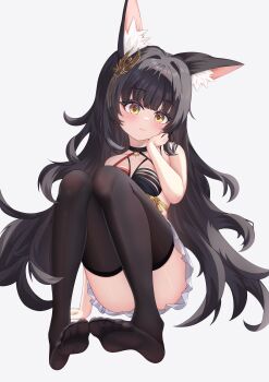 1girl 2994174200 :3 absurdres animal_ears arm_behind_back ass azur_lane bare_shoulders black_hair blush breasts curly_hair dress fox_ears fox_girl full_body hair_ornament hand_on_own_cheek hand_on_own_face hand_up highres knees_to_chest knees_up legs_together long_hair nagato_(azur_lane) nagato_(meta)_(azur_lane) nipple_slip nipples no_bra simple_background sitting sleeveless sleeveless_dress small_breasts solo thighhighs thighs very_long_hair white_background yellow_eyes