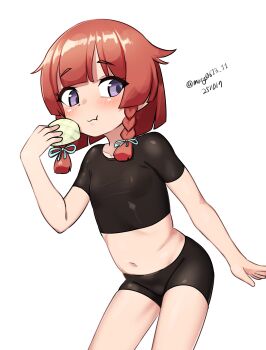 1girl absurdres bike_shorts black_shirt black_shorts eating etorofu_(kancolle) facing_viewer flat_chest food highres kantai_collection leaning_forward looking_back maru_(marg0613) midriff one-hour_drawing_challenge purple_eyes red_hair shirt short_hair shorts simple_background solo steamed_bun thick_eyebrows undershirt white_background
