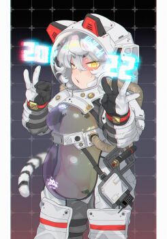 1girl 2022 animal_ears chinese_zodiac chromatic_aberration female_focus flat_chest glowing glowing_eyes grey_hair grid_background groin hair_between_eyes hans.b helmet highres loli looking_at_viewer medium_hair navel open_mouth original pasties revealing_clothes see-through_clothes solo space_helmet spacesuit tail tiger_ears tiger_tail year_of_the_tiger yellow_eyes