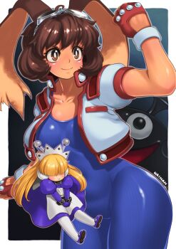 2girls antennae artist_name bad_tag blonde_hair blue_bodysuit bodysuit fingerless_gloves gloves kainan makihara_arina multiple_girls rabbit_ears waku_waku_7