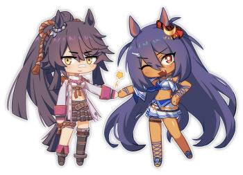 Rule 34 | 2girls, animal ears, asymmetrical legwear, bandaid, bandaid on face, bandaid on nose, bandeau, black hair, black socks, black thighhighs, blue bandeau, blue hair, blue skirt, blush, breasts, brown hair, chest sarashi, chibi, choker, coat, dark-skinned female, dark skin, deformed, ear ornament, ear scrunchie, fang, fingerless gloves, fur collar, gloves, hair between eyes, hair ornament, hairclip, highres, hishi amazon (azure amazon) (umamusume), hishi amazon (umamusume), horse ears, horse girl, horse tail, hwipa (param blue), jacket, long hair, long sleeves, looking at viewer, midriff, multiple girls, narita brian (maverick) (umamusume), narita brian (umamusume), navel, open clothes, open coat, open mouth, pink gloves, plaid clothes, plaid skirt, ponytail, red eyes, red scrunchie, rope, sarashi, scrunchie, shimenawa, shirt, shoes, simple background, single sleeve, single thighhigh, skirt, smile, socks, standing, star (symbol), stomach, tail, thighhighs, torn clothes, torn coat, two-tone bandeau, two-tone shirt, two-tone skirt, umamusume, uneven legwear, very long hair, white background, white bandeau, white choker, white skirt, yellow eyes