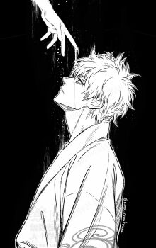 1boy 1other black_background closed_mouth cma_cmakuma gintama head_back highres looking_up male_focus parted_bangs robe sakata_gintoki short_hair simple_background solo_focus upper_body