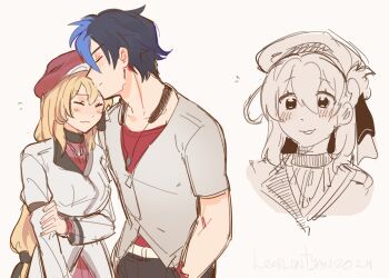 1boy 1girl absurdres agnes_claudel beret blonde_hair blue_eyes blue_hair blush braid bun_with_braided_base closed_eyes commentary couple crown_braid dog_tags eiyuu_densetsu english_commentary hair_bun hat highres hug imminent_kiss kuro_no_kiseki_(series) leorlontyan multicolored_hair red_hat red_shirt ribbed_sweater shirt simple_background sweater two-tone_hair van_arkride