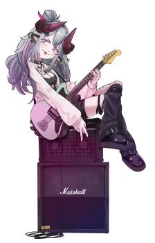 a_dogart animal_ears chikafuji_lisa chromashift earrings fishnets grey_hair guitar horns instrument jewelry leg_warmers mole mole_under_eye multicolored_hair pink_eyes pink_hair platform_shoes sheep_ears sheep_horns speaker streaked_hair tagme tongue tongue_out virtual_youtuber