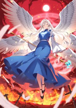 1girl absurdres angel_wings blue_dress breasts closed_eyes cross dress fire flying highres latin_cross leo23 long_hair mage_staff magic_circle midair multiple_wings red_sky sariel_(touhou) sky solo staff sun touhou white_hair white_wings wings