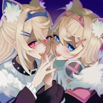 2girls :d absurdres animal_collar animal_ear_fluff animal_ears bandaid bandaid_hair_ornament bib_collar black_collar black_jacket blonde_hair blue_eyes blue_hair blue_hairband collar commentary crossed_bangs dog_ears dog_girl double-parted_bangs eneeues english_commentary extra_ears fake_horns frilled_shirt_collar frills fur-trimmed_jacket fur_trim fuwawa_abyssgard fuwawa_abyssgard_(1st_costume) hair_between_eyes hair_intakes hair_ornament hairband hairclip headphones headphones_around_neck highres hololive hololive_english horn_hairband horns jacket long_hair looking_at_viewer mococo_abyssgard mococo_abyssgard_(1st_costume) multicolored_hair multiple_girls open_mouth parallel_hairclips pink_eyes pink_hair pink_hairband shaded_face shirt short_hair siblings sisters smile spiked_collar spikes streaked_hair teeth twins two_side_up upper_teeth_only virtual_youtuber white_shirt x_hair_ornament