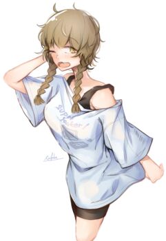 1girl amane_suzuha baggy_clothes bike_shorts black_tank_top blonde_hair blush braid breasts commentary_request crop_top long_hair looking_at_viewer medium_breasts one_eye_closed open_mouth oversized_clothes oversized_shirt science_adventure shirt simple_background solo steins;gate tank_top tongue twin_braids white_background white_shirt yakku yawning yellow_eyes