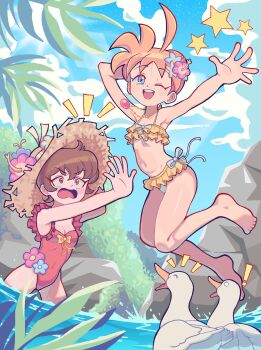 ! 2girls ;d absurdres ahiru_(princess_tutu) ahoge alternate_costume animal arm_behind_head arms_up bikini bird blue_eyes blue_sky breasts brown_hair castussan cloud covered_erect_nipples day duck flat_chest flipped_hair flower freckles frilled_bikini frills hair_flower hair_ornament hair_up hand_on_headwear happy hat hat_flower highres jewelry jumping knees_together_feet_apart lake looking_at_another midair multiple_girls necklace notice_lines one-piece_swimsuit one_eye_closed open_hand open_mouth orange_hair outdoors outstretched_arm partially_submerged pendant princess_tutu red_eyes red_one-piece_swimsuit rock rue_(princess_tutu) short_hair sky small_breasts smile sparkle sparkling_aura star_(symbol) stomach stop_(gesture) straw_hat summer swimsuit teeth upper_teeth_only v-shaped_eyebrows water wavy_mouth yellow_bikini