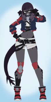 Rule 34 | 1girl, absurdres, adjusting eyewear, au ra, belt, black gloves, black horns, black scales, blue background, blue jacket, blush, borrowed character, cropped jacket, doce, female focus, final fantasy, final fantasy xiv, freckles, full body, glasses, gloves, grin, hand on own hip, highres, horns, jacket, looking at viewer, midriff, navel, original, purple hair, red shoes, shoes, shorts, smile, solo, tail, warrior of light (ff14), white eyes, white shorts