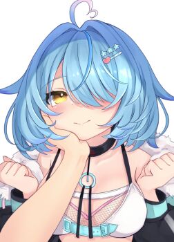 0u0u000 1girl 1other black_choker black_jacket blue_hair blush bra breasts choker cleavage closed_mouth collarbone commentary_request elf hair_over_one_eye hand_on_another's_cheek hand_on_another's_face heart highres hololive jacket large_breasts navel pointy_ears pov pov_hands short_hair simple_background smile solo_focus underwear upper_body virtual_youtuber white_background white_bra yellow_eyes yukihana_lamy yukihana_lamy_(cyber)