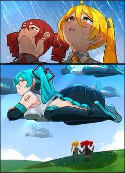3girls absurdres akita_neru aqua_hair black_skirt black_sleeves black_thighhighs blonde_hair blue_sky cloud commentary detached_sleeves english_commentary grass grey_shirt hair_between_eyes hatsune_miku highres kasane_teto long_hair meme multiple_girls outdoors pleated_skirt rain red_eyes red_hair shirt side_ponytail skirt sky sleeveless sleeveless_shirt smile snegovski thighhighs twintails upward_angle_frieren_drawing_(meme) utau vocaloid wet wet_hair yellow_eyes zettai_ryouiki