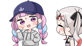 Rule 34 | 2girls, :t, black bow, blue hair, blush stickers, bow, braid, chibi, closed eyes, closed mouth, gradient hair, grey hair, hair bow, hair ornament, hand in pocket, hand up, highres, hololive, horns, long hair, long sleeves, low twintails, minato aqua, mochimiko, multicolored hair, multiple girls, nakiri ayame, nakiri ayame (streetwear), oni, pink hair, pointing, puffy long sleeves, puffy sleeves, purple eyes, red hair, simple background, sweat, tears, twin braids, twintails, two-tone hair, upper body, very long hair, virtual youtuber, wavy mouth, white background, x hair ornament