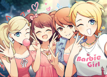4girls \n/ bare_arms blonde_hair blue_eyes blue_jacket brown_eyes brown_hair camisole chewing_gum closed_eyes commentary double_v english_commentary hand_on_another's_shoulder inward_v jacket jewelry kujikawa_rise kuki_tan lisa_silverman long_hair looking_at_viewer multiple_girls necklace one_eye_closed open_mouth persona persona_2 persona_2_tsumi persona_3 persona_4 persona_5 pink_camisole pink_nails shirt short_sleeves swept_bangs takamaki_anne takeba_yukari trait_connection twintails upper_body v white_shirt