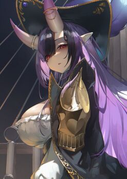 Rule 34 | 1girl, absurdres, armor, arupaoka, black coat, black hair, black hat, breasts, captain hannah, cleavage, coat, facial mark, feathers, gold, gradient horns, hat, heart, heart facial mark, highres, horn ornament, horn ring, horns, huge breasts, indie virtual youtuber, large breasts, long hair, looking at viewer, multicolored hair, multicolored horns, oni, pirate costume, pirate hat, pointy ears, purple feathers, purple hair, red eyes, shoulder armor, two-tone hair, virtual youtuber