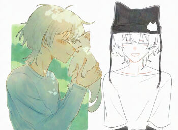 Rule 34 | 1girl, animal ear headwear, animal ears, bang dream!, bang dream! it's mygo!!!!!, blush, cat, cat ears, closed eyes, closed mouth, commentary, fake animal ears, gampong44, highres, kaname raana, long sleeves, multiple views, raana the cat, shirt, short hair, short sleeves, smile, symbol-only commentary, white hair, white shirt