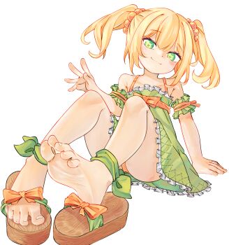 1girl anklet arm_support bare_shoulders barefoot blonde_hair blush_stickers bow chaosexceed collarbone commentary commentary_request dress english_commentary feet foot_focus frilled_dress frills full_body green_dress green_eyes hair_between_eyes highres jewelry looking_at_viewer medium_hair mixed-language_commentary original panties pearl_hair_ornament petite platform_sandals sandals simple_background sitting smile soles solo spaghetti_strap toes twintails underwear