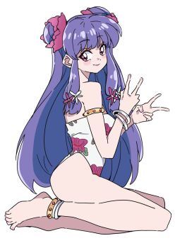 1girl double_bun hair_bun highres long_hair open_mouth pink_eyes purple_hair ranma_1/2 shampoo_(ranma_1/2) sidelocks swimsuit