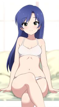 bed blue_hair breasts crossed_legs highres idolmaster kisaragi_chihaya looking_at_viewer mnkr98 navel panties sitting small_breasts smile sports_bra underwear