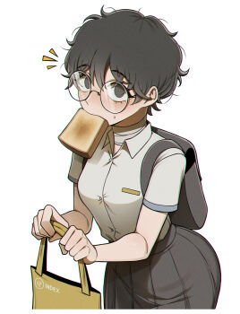 1girl alternate_universe backpack bag bandage_on_neck black_bag black_hair black_skirt bread bread_slice collared_shirt commentary_request food food_in_mouth glasses handbag highres korean_commentary limbus_company messy_hair misg1111 mouth_hold project_moon shirt short_hair simple_background skirt solo sora_(project_moon) sweatdrop t-shirt toast toast_in_mouth white_background white_shirt