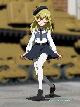 1girl 3d 3d_background anzio_school_uniform artist_name belt beret black_belt black_hat black_necktie black_shoes black_skirt blonde_hair blurry blurry_background carpaccio_(girls_und_panzer) closed_eyes closed_mouth commentary curtsey dated depth_of_field dress_shirt facing_viewer girls_und_panzer hat highres loafers long_hair long_sleeves miniskirt mixed_media naotosi necktie pantyhose pleated_skirt school_uniform shadow shirt shoes skirt skirt_hold smile solo standing white_pantyhose white_shirt wing_collar