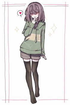1other \||/ androgynous black_shirt black_thighhighs brown_hair brown_shorts chara_(undertale) collared_shirt commentary_request full_body green_hoodie hand_to_own_mouth heart highres hood hoodie long_sleeves looking_at_viewer medium_hair no_shoes okura_0915 other_focus red_eyes shaded_face shirt shorts smile solo sparkle spoken_heart striped_clothes striped_hoodie thighhighs undertale utdr_(toby_fox) white_background