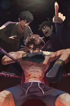 1girl 2boys abs backlighting bags_under_eyes black_eyes bleeding blood blue_eyes boxing_gloves boxing_ring boxing_shorts brown_hair bruise commentary cowboy_shot english_commentary from_below furrowed_brow grassjellyg00d grin han_sooyoung highres injury kim_dokja lens_flare mole mole_under_eye multiple_boys muscular muscular_male narrowed_eyes navel omniscient_reader's_viewpoint open_mouth pectorals pointing purple_eyes scar scar_on_arm shirt short_hair shorts smile spread_legs strongman_waist t-shirt towel towel_around_neck wiping_face yellow_pupils yoo_joonghyuk