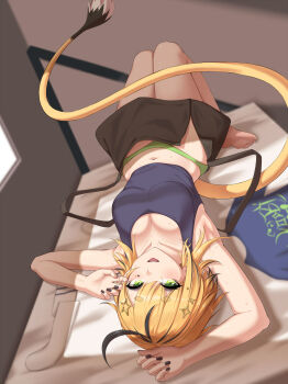 1girl absurdres ahoge bed bed_sheet blonde_hair blush breasts commentary commission dooby english_commentary green_eyes green_panties highres hui_yu indie_virtual_youtuber indoors lying multicolored_hair on_back on_bed open_mouth panties shirt short_hair skirt smile solo streaked_hair sweat tail tank_top underwear virtual_youtuber