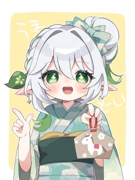 1girl alternate_costume alternate_hairstyle aqua_kimono black_sash blush commentary_request cross-shaped_pupils earrings ema genshin_impact green_eyes green_hair hair_between_eyes hair_bun hair_ornament hands_up highres holding_ema japanese_clothes jewelry kimono leaf_hair_ornament looking_at_viewer multicolored_hair nahida_(genshin_impact) nanakusa_yomogi obi open_mouth pointy_ears sash single_side_bun solo symbol-shaped_pupils teeth upper_body upper_teeth_only white_hair