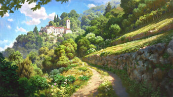 bare_tree blue_sky building bush church cloud commentary day english_commentary flower grass highres lorenzo_lanfranconi no_humans original path purple_flower road scenery shade signature sky stone_wall tree white_flower