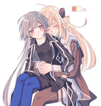 2girls battery_indicator black_gloves black_jacket black_shirt black_thighhighs blonde_hair blue_pantyhose blush closed_eyes closed_mouth emptyayya gloves grey_hair highres hug hug_from_behind jacket long_hair multiple_girls pantyhose pink_eyes shirt simple_background sitting sitting_on_lap sitting_on_person sky_striker_ace_-_raye sky_striker_ace_-_roze thighhighs white_background yu-gi-oh! yuri