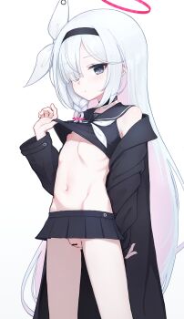 1girl bar_censor bare_shoulders black_choker black_coat black_eyes black_hairband black_sailor_collar black_shirt black_skirt blue_archive braid censored choker cleft_of_venus closed_mouth clothes_lift coat colored_inner_hair cowboy_shot crop_top flat_chest hair_over_one_eye hairband halo highres hip_bones hudeako inverted_nipples lifting_own_clothes loli long_hair long_sleeves microskirt multicolored_hair navel neckerchief nipples no_bra no_panties off_shoulder open_clothes open_coat pink_hair plana_(blue_archive) pleated_skirt puffy_nipples pussy red_halo red_pupils sailor_collar shirt shirt_lift simple_background single_braid skirt solo stomach very_long_hair white_background white_hair white_neckerchief