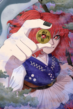 1girl black_nails blue_shirt coin eyelashes flower fog foreshortening golemofthewoods grin hair_bobbles hair_ornament highres holding holding_coin holding_scythe holed_coin looking_at_viewer onozuka_komachi outdoors red_eyes red_hair scythe shirt short_sleeves skirt smile solo spider_lily symbol-shaped_pupils touhou two_side_up upper_body white_skirt