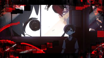 Rule 34 | 2boys, absurdres, antenna hair, black eyes, black hair, black sweater vest, closed mouth, collared shirt, colored skin, dual persona, expressionless, hair between eyes, highres, looking at another, male focus, mqd0rl, multiple boys, omori, omori (omori), shirt, short hair, short sleeves, sitting, sunny (omori), sweater vest, train interior, white shirt, white skin