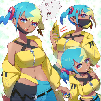 1girl anger_vein aqua_hair bandeau black_mask blonde_hair blue_eyes canari_(pokemon) criss-cross_straps dark-skinned_female dark_skin heart highres jacket long_sleeves mask mask_pull mega_stone mouth_mask multicolored_hair multiple_expressions multiple_views nintendo pants pokemon pokemon_legends:_z-a short_twintails solo split-color_hair tako_marushka twintails two-tone_mask two-tone_pants yellow_bandeau yellow_jacket yellow_mask zipper_pull_tab