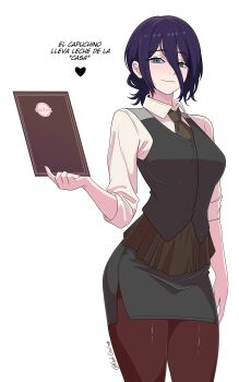 1girl absurdres black_hair black_skirt black_vest brown_pantyhose chainsaw_man collared_shirt commentary_request gratam green_eyes hair_between_eyes highres holding holding_menu long_hair_between_eyes menu miniskirt pantyhose reze_(chainsaw_man) shirt simple_background skirt solo translation_request vest white_background white_shirt