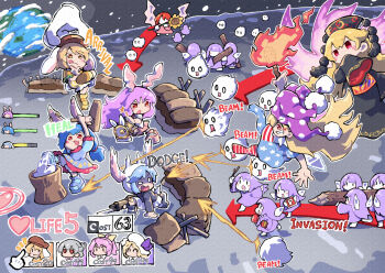 6+girls :3 :q american_flag_dress american_flag_legwear animal_ears arrow_(symbol) berusuke_(beru_no_su) black_dress black_hat black_jacket blonde_hair bloomers blue_dress blue_hair blush brown_hat chibi chibi_only chinese_clothes clownpiece commentary_request crescent_print cursor dalachi_(headdress) dress earclip earth_(planet) english_text fairy fairy_wings fake_screenshot fighting floppy_ears flower food gameplay_mechanics grin gun hair_between_eyes hat health_bar helmet holding holding_flower holding_gun holding_mallet holding_torch holding_weapon jacket jester_cap junko_(touhou) kedama_(touhou) kine long_hair long_sleeves lunatic_gun mallet mochi mochitsuki mortar_(bowl) multiple_girls on_moon open_mouth orange_shirt pink_hair pink_skirt planet polka_dot polka_dot_headwear power_item_(touhou) purple_hat rabbit_ears rabbit_girl red_eyes red_tabard reisen_(touhou_bougetsushou) reisen_udongein_inaba rifle ringo_(touhou) sandbag seiran_(touhou) shaded_face shirt shorts skirt smile star_(symbol) star_print striped_clothes striped_dress striped_shorts sunflower sunflower_fairy_(touhou) tabard tongue tongue_out torch touhou underwear user_interface very_long_hair weapon white_bloomers white_skirt wide_sleeves wings yellow_flower yellow_shorts