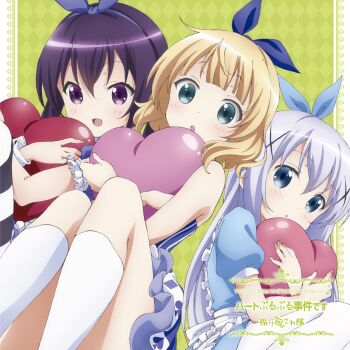 3girls :d :o age_difference album_cover apron argyle_background blonde_hair blue_dress blue_eyes blue_hair blue_hairband blush child cover dress frilled_apron frills gochuumon_wa_usagi_desu_ka? green_background green_eyes hair_ornament hair_ribbon hairband heart heart-shaped_pillow highres hugging_object kafuu_chino kirima_syaro kneehighs long_hair looking_at_viewer multiple_girls official_art open_mouth pillow purple_eyes purple_hair purple_hairband ribbon sandwiched short_hair sitting smile socks striped_clothes tedeza_rize thighhighs white_apron wrist_cuffs x_hair_ornament