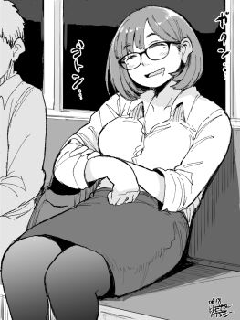 1boy 1girl bag blush bob_cut breasts drooling glasses greyscale hadashi_no_kenji handbag large_breasts monochrome office_lady original pantyhose pencil_skirt short_hair sitting skirt sleeping