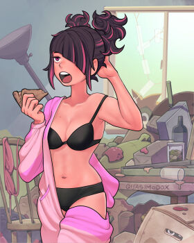 1boy 1girl 1other black_bra black_panties blanka-chan box bra breasts cleavage food garbage hair_over_one_eye han_juri highres holding holding_food holding_pizza making-of_available messy_room multicolored_hair official_alternate_costume official_alternate_hairstyle open_mouth paid_reward_available panties pizza pizza_slice quasimodox solo_focus street_fighter street_fighter_6 table teeth toned toned_female twintails underwear upper_teeth_only yawning