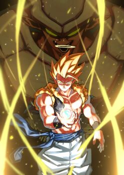 Rule 34 | 2boys, a (mitei7926), aura, black vest, blonde hair, blue sash, cowboy shot, cropped vest, dragon ball, dragonball z, energy ball, gogeta, halo, highres, janemba, male focus, medium hair, metamoran vest, multiple boys, muscular, muscular male, no shirt, open clothes, open vest, pants, sash, spiked hair, super saiyan, super saiyan 1, vest, white pants, yellow halo