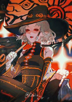 1girl absurdres agrat_bat_mahlat_(megami_tensei) black_hat black_wings bone colored_sclera colored_skin demon_(megami_tensei) detached_sleeves grey_hair hat highres holding holding_umbrella joints kexiu red_eyes shin_megami_tensei shin_megami_tensei_v shin_megami_tensei_v:_vengeance solo umbrella wings witch_hat