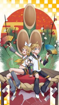 1boy 1girl ;d absurdres ahoge arm_up arm_warmers bamboo bare_shoulders black_leg_warmers black_sailor_collar black_shorts blonde_hair blue_eyes bow brother_and_sister closed_mouth collarbone commentary_request crop_top flat_chest folding_fan full_body groin hair_between_eyes hair_bow hair_ornament hair_ribbon hairclip hand_fan headphones highres holding holding_fan inu8neko kadomatsu kagamine_len kagamine_rin leg_warmers locked_arms looking_at_viewer midriff navel neckerchief necktie new_year one_eye_closed open_mouth ponytail ribbon sailor_collar shirt shoes short_hair short_ponytail short_shorts short_sleeves shorts siblings sidelocks sitting sleeveless sleeveless_shirt smile swept_bangs twins v vocaloid white_bow white_shirt white_shoes yellow_nails yellow_neckerchief yellow_necktie