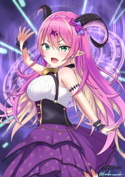 Rule 34 | 1girl, :d, absurdres, blonde hair, blush, bow, breasts, colored inner hair, commentary, demon girl, demon horns, dress, fang, green eyes, hair bow, hair ornament, headphones, headphones around neck, highres, hololive, horns, kaneko memeta, large breasts, long hair, mano aloe, multicolored hair, open mouth, pink hair, pointy ears, purple bow, smile, solo, streaked hair, tongue, twitter username, virtual youtuber